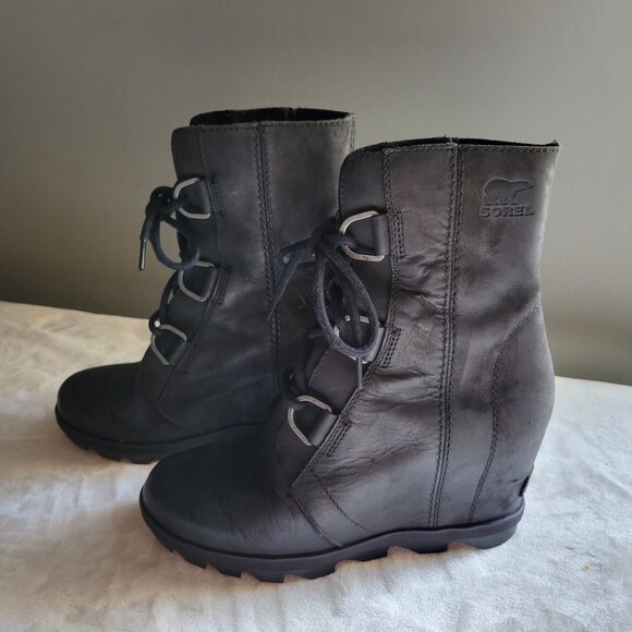Sorel Joan Of Arctic Wedge II Black Waterproof Leather Lace-Up Boots Women SZ 7 - Picture 4 of 11